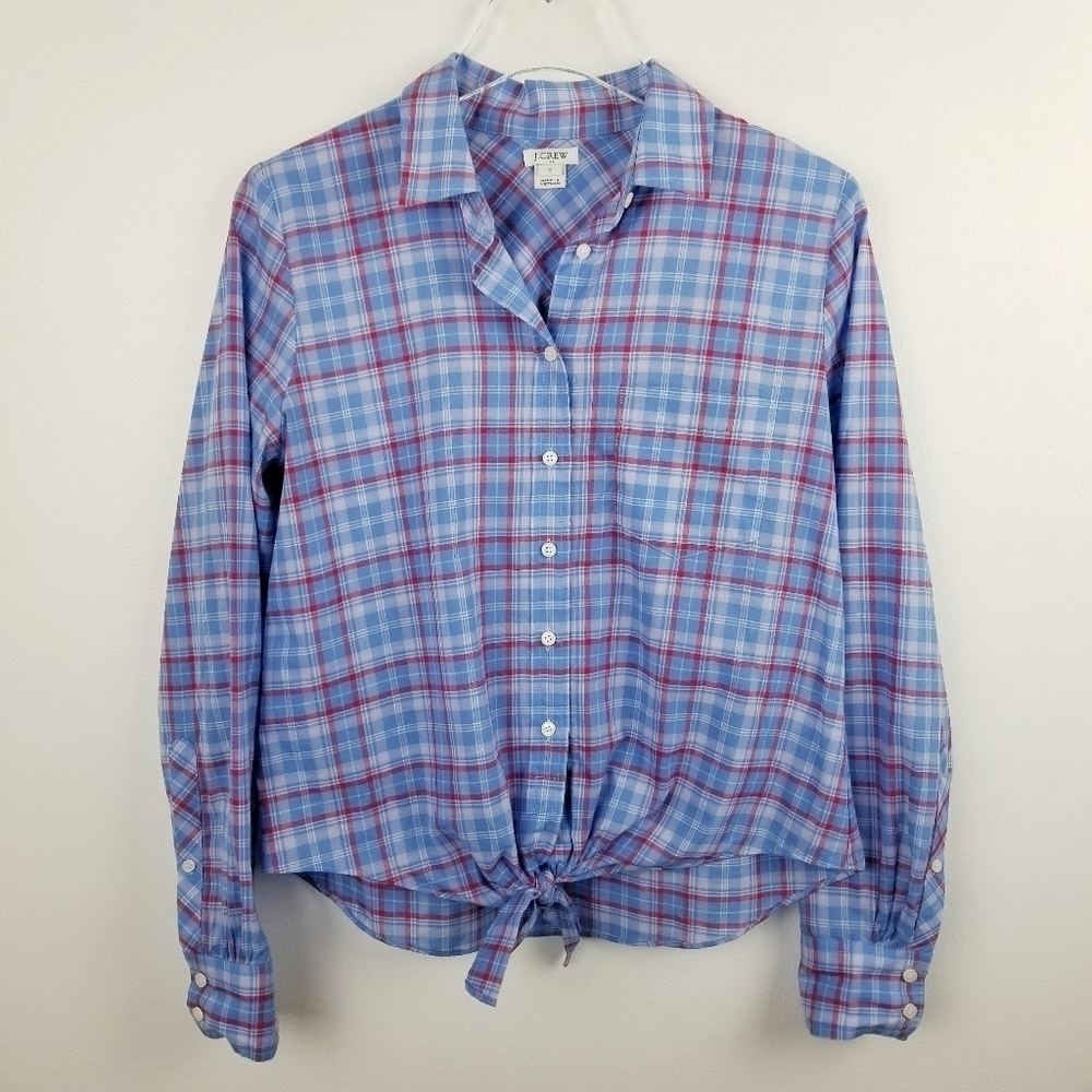 J. Crew Plaid Tie Front Button Front Top